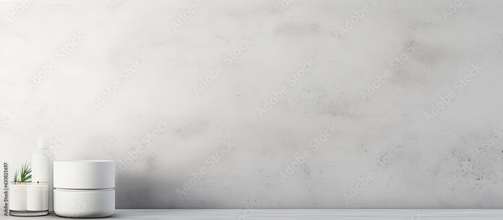 Poster Empty White Gray Color Texture Pattern Cement Wall Studio Background is utilized for showcasing cosmetic and nature products available for purchase online.