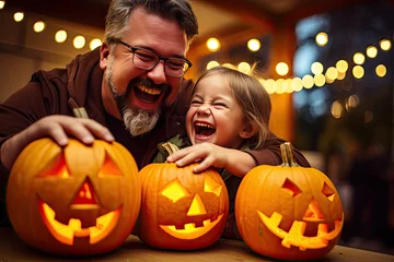 Fototapeten A father and children having fun while carving their halloween pumpkins © Franziska