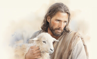 Watercolour pencil illustration of close up Jesus portrait with sheep. Peaceful and serene mood. Banner with copy space.  - obrazy, fototapety, plakaty