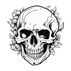 Fototapeta premium Elegant Black and White Hand-Drawn Skull & Roses: Vintage Tattoo Art, Coloring Page, Vector, Transparent Background
