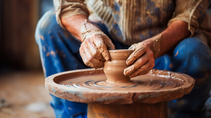 Töpferei mit Händen und Lehm beim Fromen, ai generativ