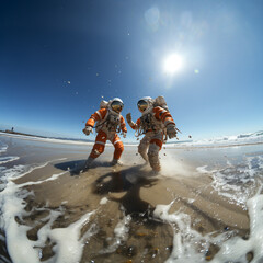 Astronauts arrive at a beach site and dance happily