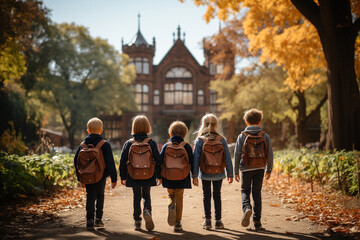 Children with backpacks go back to school, a private and luxurious school