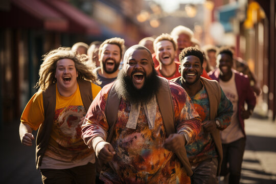 group of obese people go jogging in the afternoon on the street very happy