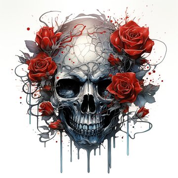 Still life with human skull with red rose and bloods AI generated image