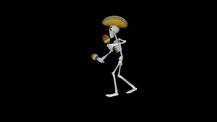 Day Of The Dead skeleton in sombrero dance with maracas - 3d render looped with alpha channel.