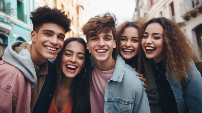 Multiracial group of friends having fun together outdoors on city street- Young cheerful people walking hugging outside- Next gen z lifestyle concept-Smiling student enjoying vacation, Generative AI