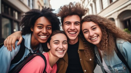 Obraz premium Multiracial group of friends having fun together outdoors on city street- Young cheerful people walking hugging outside- Next gen z lifestyle concept-Smiling student enjoying vacation, Generative AI