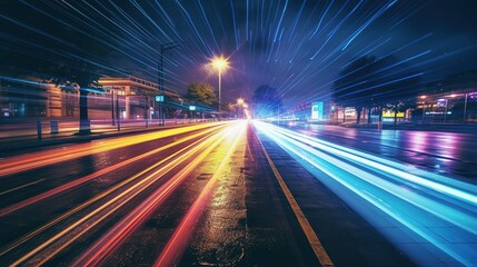 Fototapeta na wymiar Road with light trails of passing vehicles. Motion speed light in city. Dynamic background. Town at night with speed traffic. Generative AI. Illustration for banner, poster, cover or presentation.