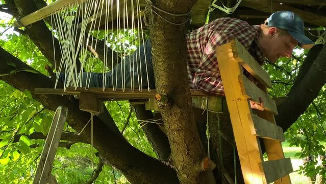 Father and children build treehouse together. Enthusiastic kids pass construction materials to male parent. Seamless teamwork, family collaboration, unity. Sunlight filters thru green lush foliage