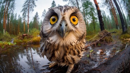 The owl stands in a puddle and looks into the camera with yellow eyes. Fisheye effect. Illustration for cover, card, postcard, interior design, decor or print.