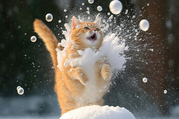 Obraz na płótnie Canvas Cat smacked by snowball. Cute kitten with surprised and angry face, hit by snow during snow fight.