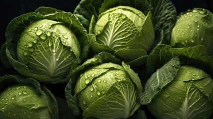 Obraz premium Fresh cabbage with water drops on nature background, Top view.