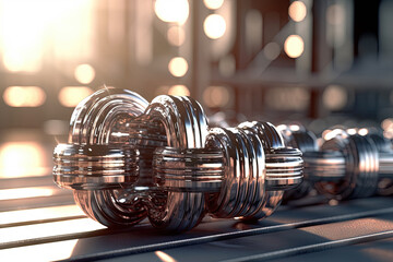 Abstract chrome pipes composition. Industry themed background with shiny metallic connected pipes.