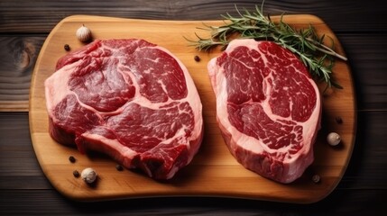 Fototapeta premium Two raw meat beef rib eye marbled steaks on wooden cutting board.