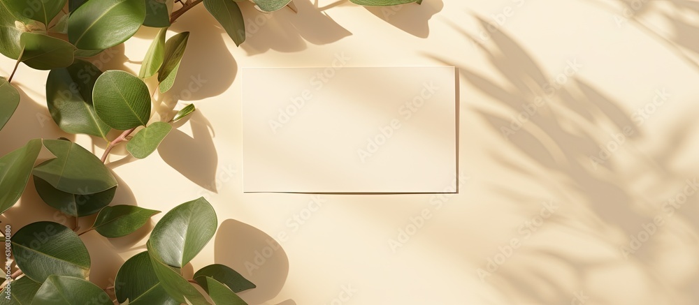 Poster A mockup card with copy space and green leaves is placed on a beige background with sunlight shadow. It is a minimal business brand template for flat lay design, seen from a top view perspective.