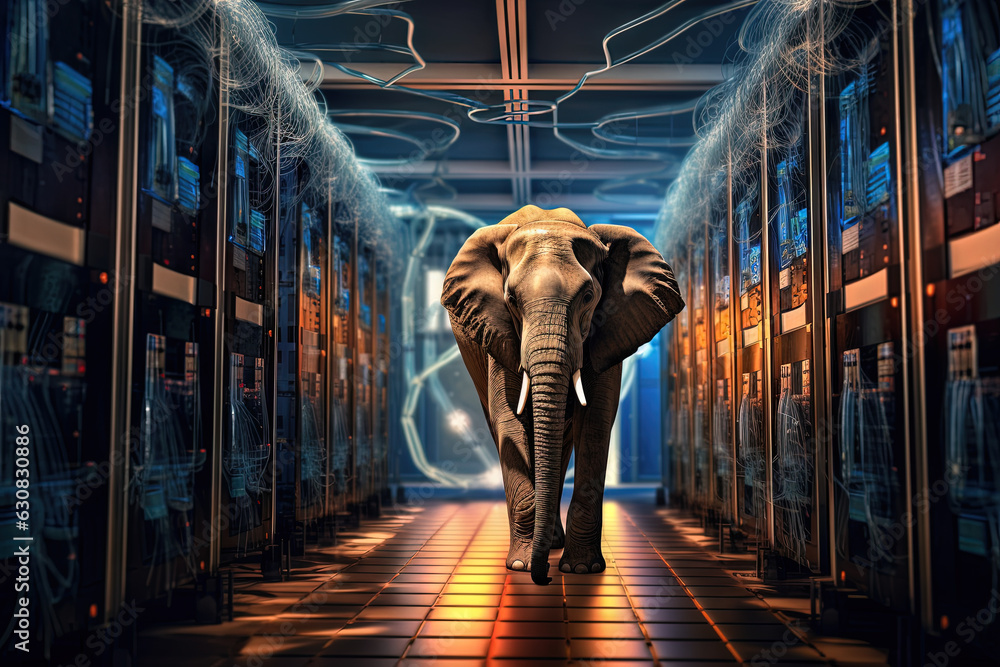 Poster elephant in the server room. concept of the big data and digital fragility.