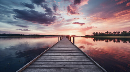 Fototapeta na wymiar Sunset over the Lake with Wooden Walkway Leading the Way
