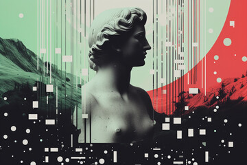 3D portrait of an antique sculpture with a glitch effect. Cyberpunk style. Conceptual disease of artificial intelligence. Virtual reality. A modern poster. Generative AI.