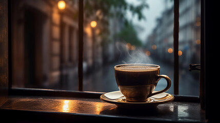 Obraz premium A Hot Cup Rests on the Window side Table