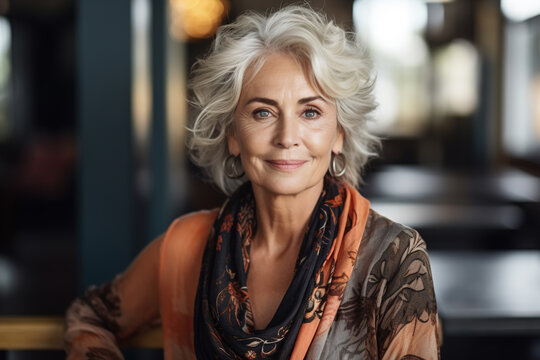 Portrait stylish elegant mature middle aged woman posing indoors in cafe or restaurant, cute smiling scary lady with gray hair looking at camera