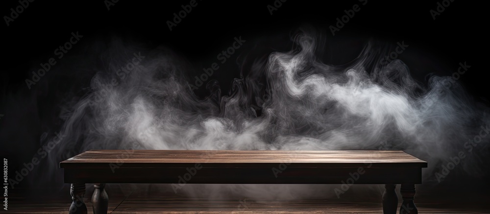 Poster an unoccupied wooden table is shown on a dark background with smoke rising, providing an empty space