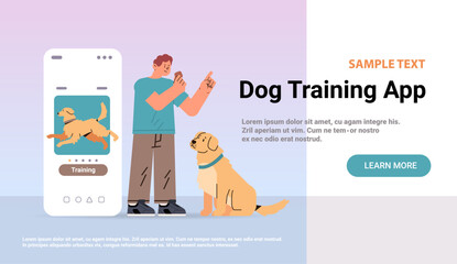 guy owner with cute dog using training app best friends domestic animal friendship concept copy space