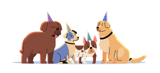 Happy national dog day greeting card cute doggy posing in party hats holiday of domestic animals concept horizontal