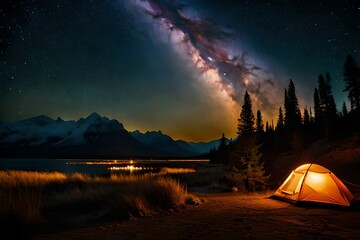 Fototapeta na wymiar camping in the night beautiful sky view generated ai