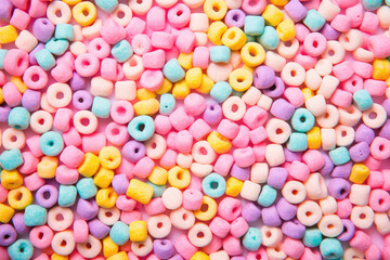 Fototapeta na wymiar Crunchy breakfast cereal texture. Delicious wallpaper with crispy dry breakfast rings in different rainbow pastel colors. Cute sweet food backdrop, top view.