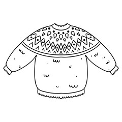 Cute knitted lopapeysa sweater. Hand drawn doodle style. Vector illustration isolated on white. Coloring page.