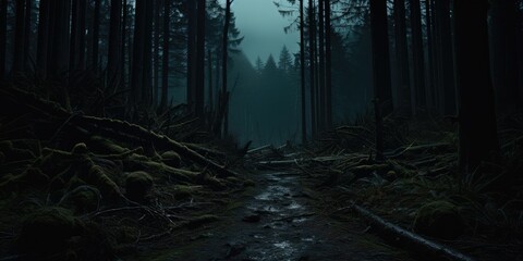 Fototapeta premium Path through a dark forest autumn fog at night, generative ai