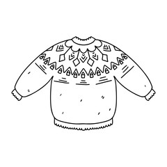 Cute knitted lopapeysa sweater. Hand drawn doodle style. Vector illustration isolated on white. Coloring page.