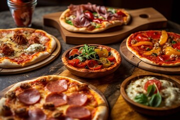Fototapeta na wymiar Gourmet pizza selection. Different types of pizzas on a wooden background. Italian cuisine. Variety of pizzas on a wooden board. Top view.