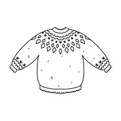 Cute knitted lopapeysa sweater. Hand drawn doodle style. Vector illustration isolated on white. Coloring page.