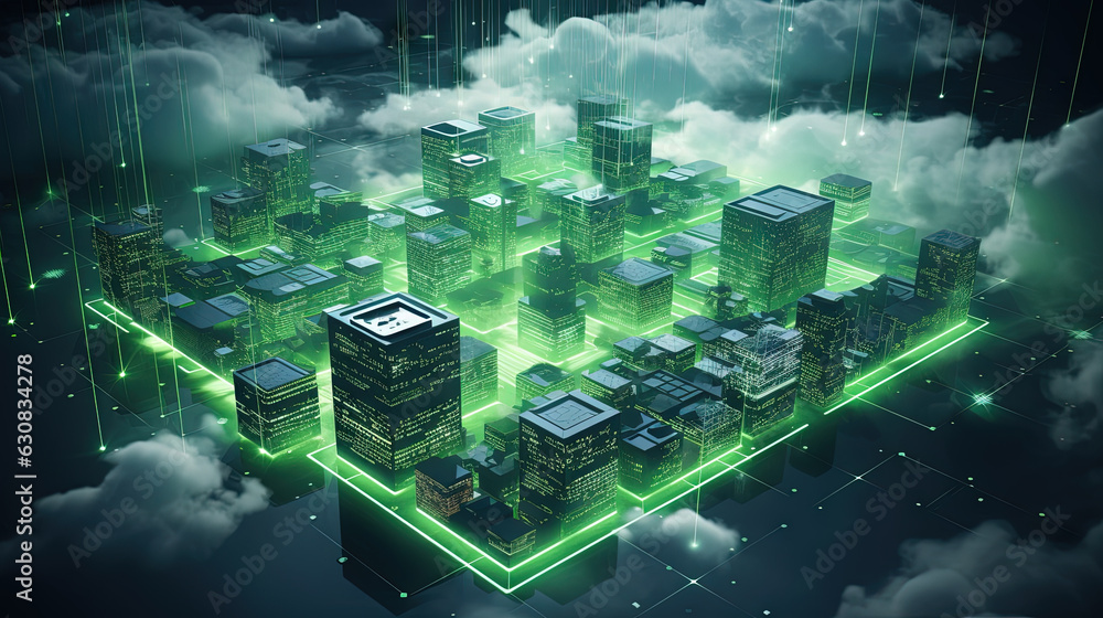 Poster concept of a digital city with cloud connections. futuristic network in the clouds.