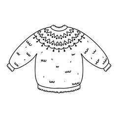 Cute knitted lopapeysa sweater. Hand drawn doodle style. Vector illustration isolated on white. Coloring page.