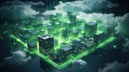 Concept of a digital city with cloud connections. Futuristic network in the clouds.