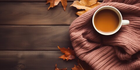Autumn composition with leaves and a Cup of tea on a wooden background. The concept of autumn, knit sweaters, scarves, perfect for chilly autumn days, generative ai