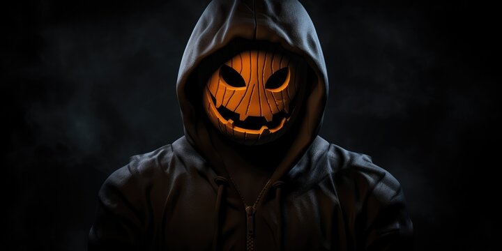Young man with a pumpkin jack o lantern head stands on dark horror background, generative ai