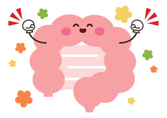 にっこりと元気な腸のキャラクターイラストとカラフルなお花