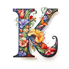 Letter K decorated with flowers isolated on white background