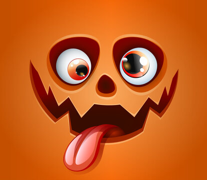Cute funny cartoon Halloween pumpkin scary face with sticking out tongue