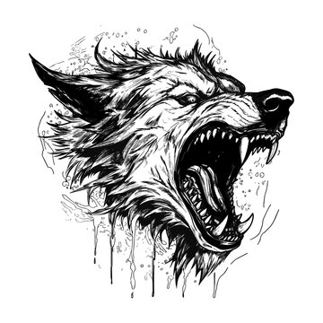 recommend clip art: Majestic Wolf: Hand-Drawn Aggressive Outline Design in Black and White - Flash Tattoo, Coloring Page, Doodle Art Vector, Transparent Background