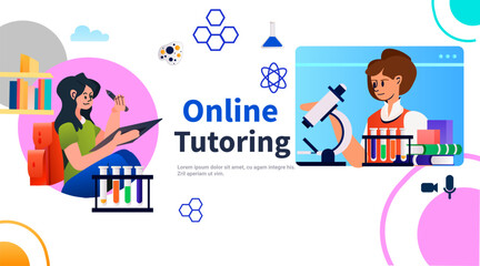 students making chemical experiments in virtual lab scientist researcher using microscope distance learning online tutoring concept