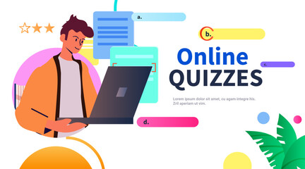 studen guy chooses correct answer in test online quiz e-learning distance education concept horizontal copy space