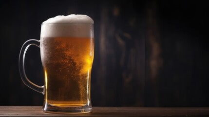 Cold mug with beer with overflowing foam on wooden table.