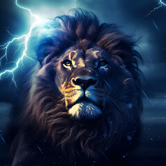 Lion with lightning in the background, representing courage, strength, and nobility, and the lion pride of Africa, generative ai 
