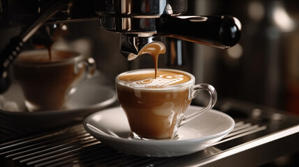 Espresso coffee pouring from espresso machine, Barista details in cafe.
