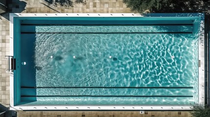 Aerial view, Empty rectangular blue swimming pool, Chill out summer vacation concept.